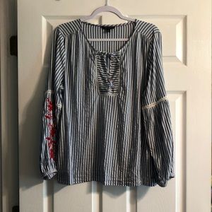Tommy Hilfiger blue and white striped blouse w/ red embroidery.